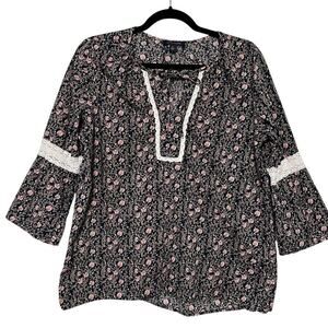 Tommy Hilfiger Cotton Floral Bohemian Top Navy with crochet lace detail (L)